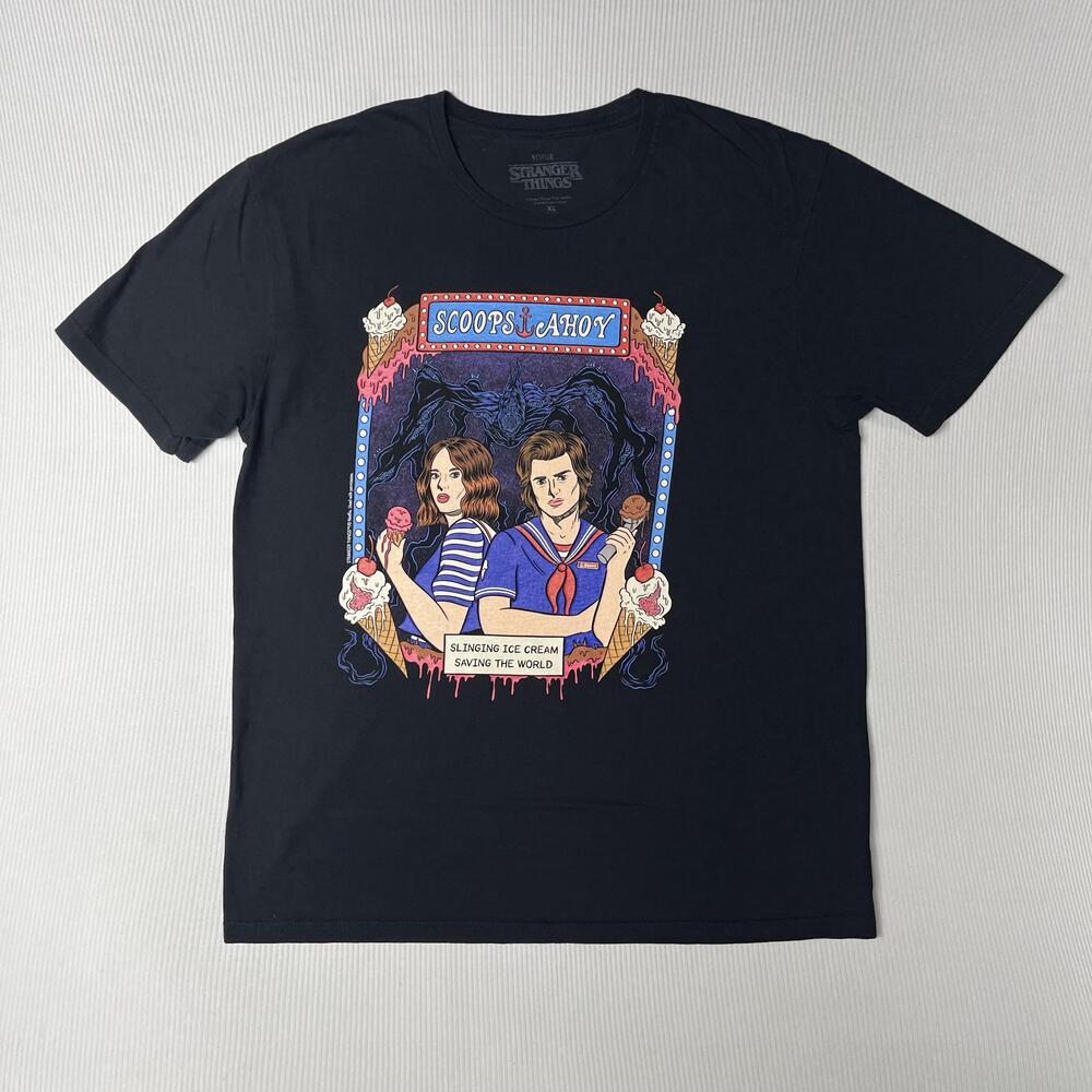 Stranger Things Shirt Mens XL Black Scoops Ahoy Steve Robin Netflix Graphic Tee